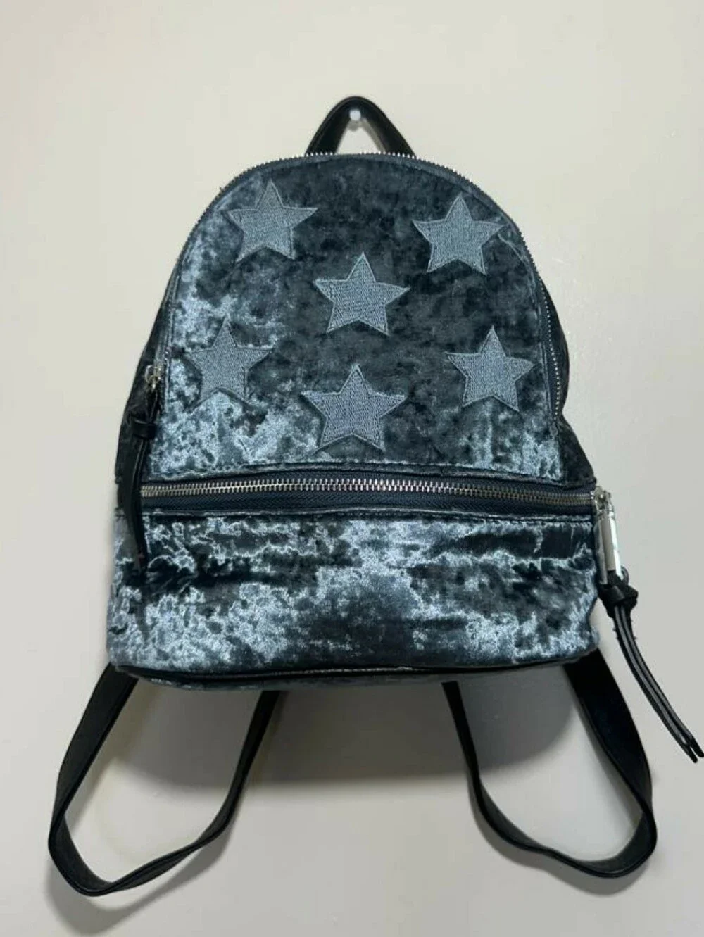 Fashionable Velvet Star Mini Backpack Grey Faux Leather Trim